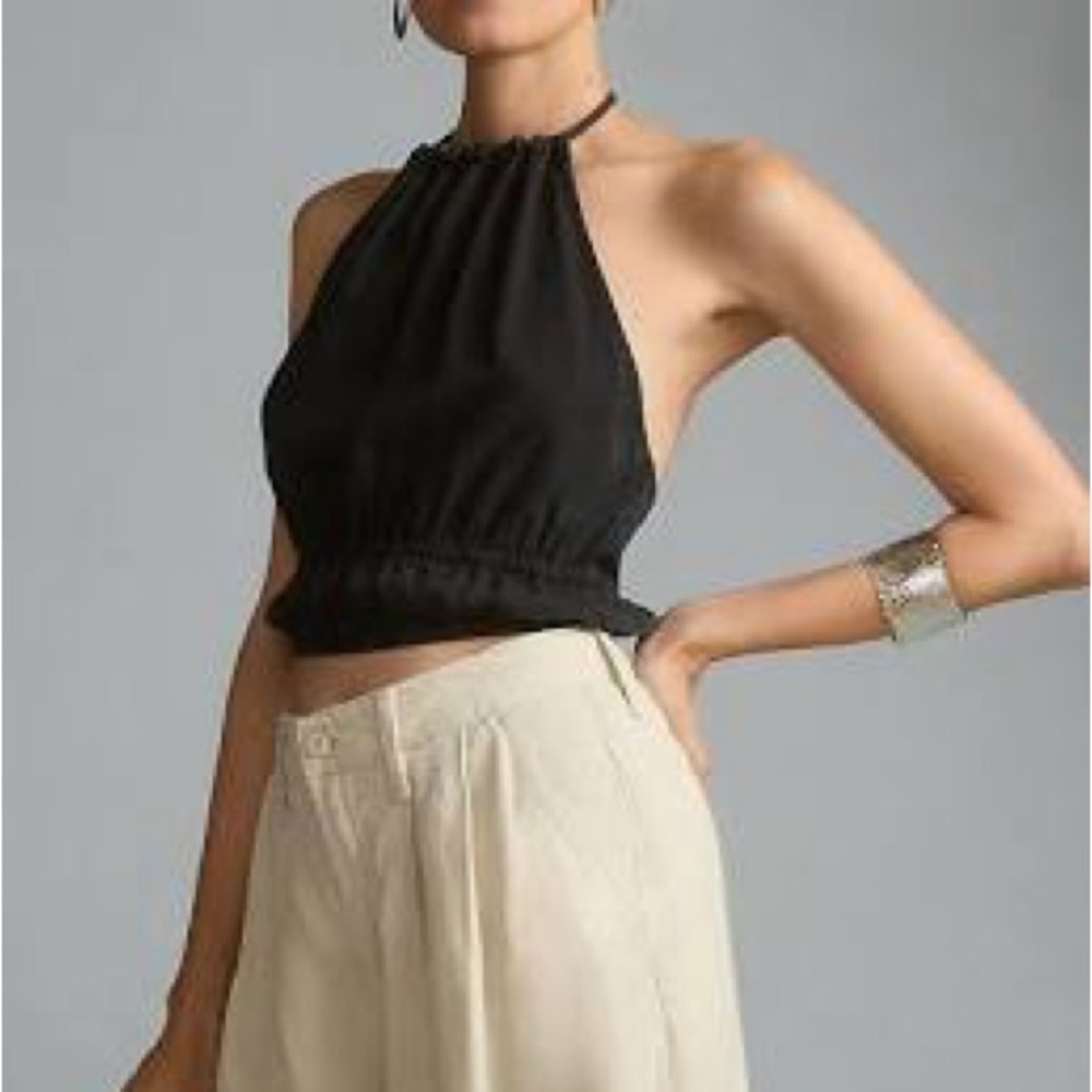 Bella Dahl Black Sleeveless Halter Cinched Waist Crop Top